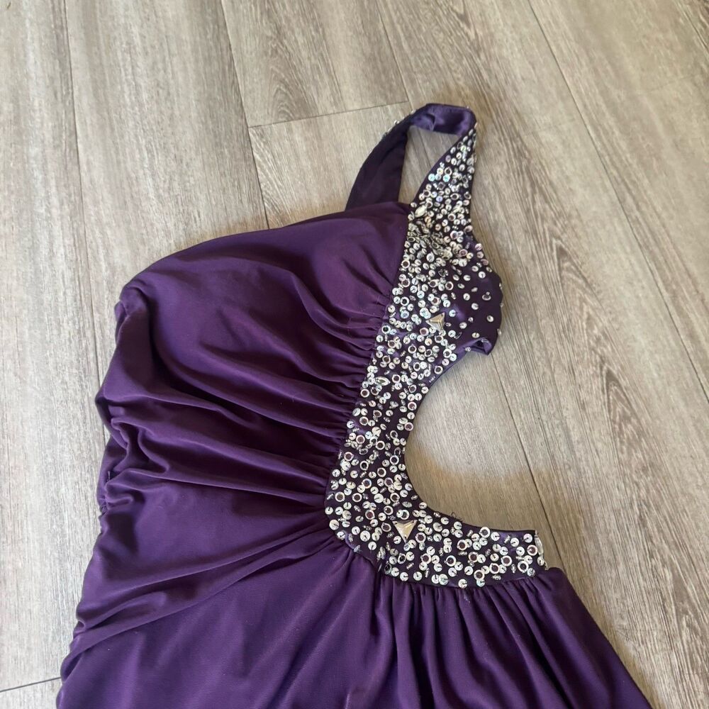Nox Anabel Purple One Shoulder Prom Dress Gown Cutout Rhinestone Beaded XS Chic - Picture 5 of 14